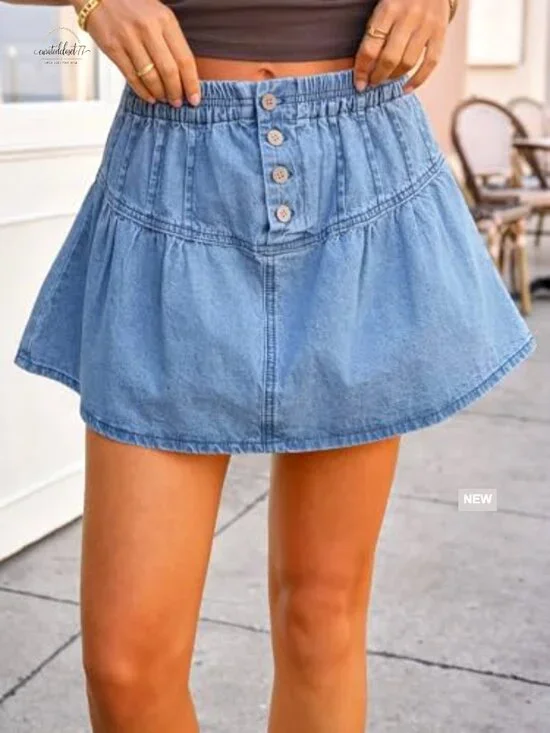 High Waisted Denim Pleated Mini Skirt with Built-in Shorts Summer A-Line - Picture 3 of 6